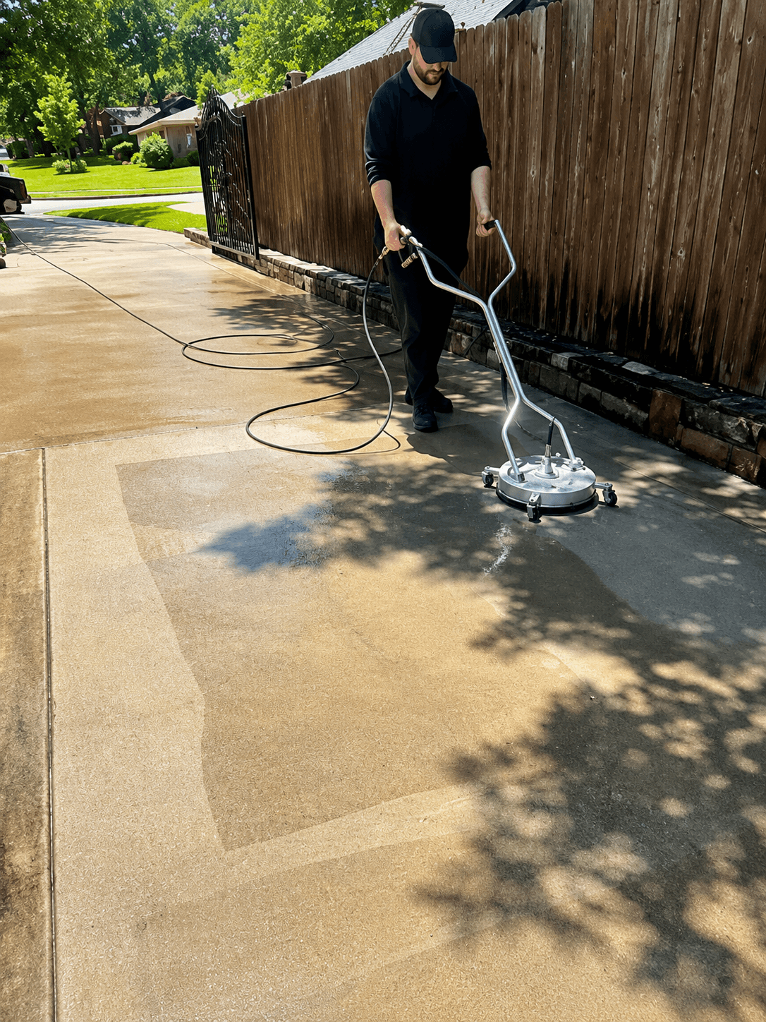 Man in black clothing using a surface cleaner to pressure wash a residential concrete driveway.