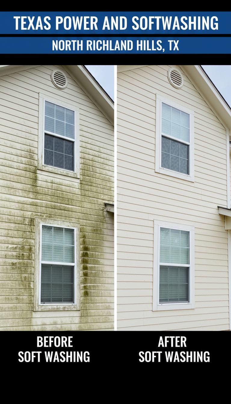 Before and after comparison of algae-covered siding versus clean siding after professional soft washing.
