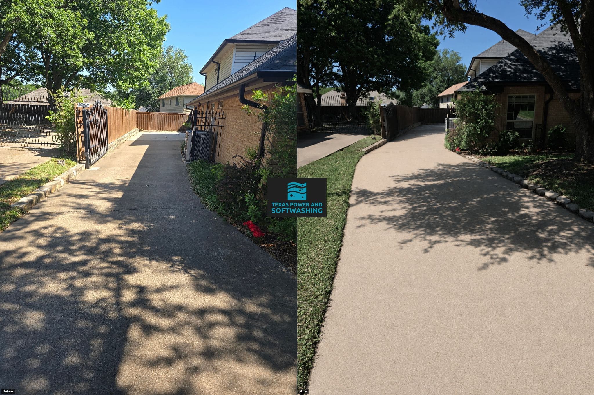 Side-by-side comparison of a dirty concrete driveway before and after professional power washing treatment.
