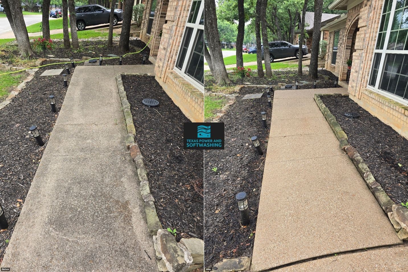 Before and after comparison of a stained concrete walkway cleaned to a bright tan finish.