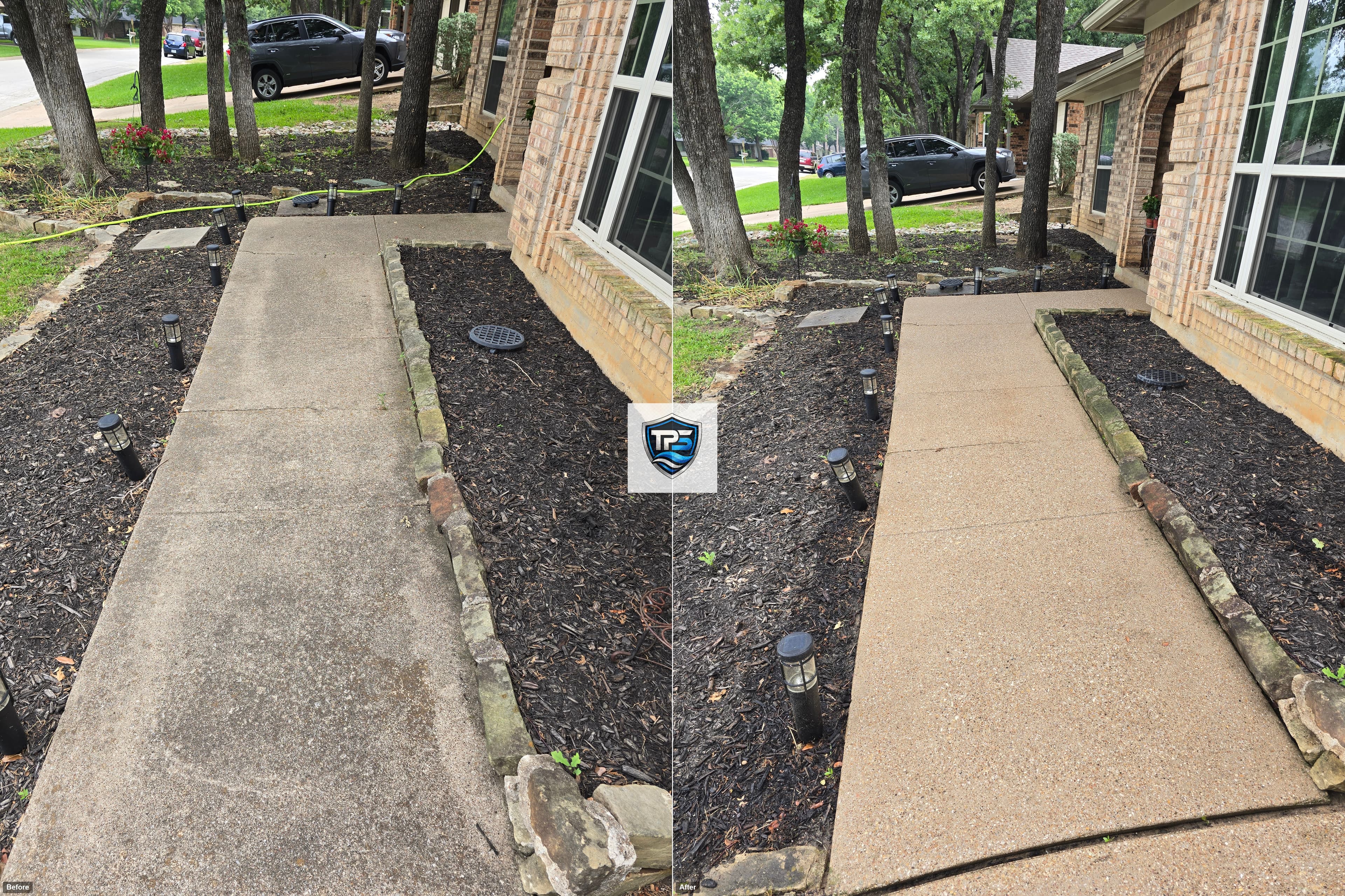 Before and after comparison of a dirty concrete walkway professionally cleaned to a bright finish.
