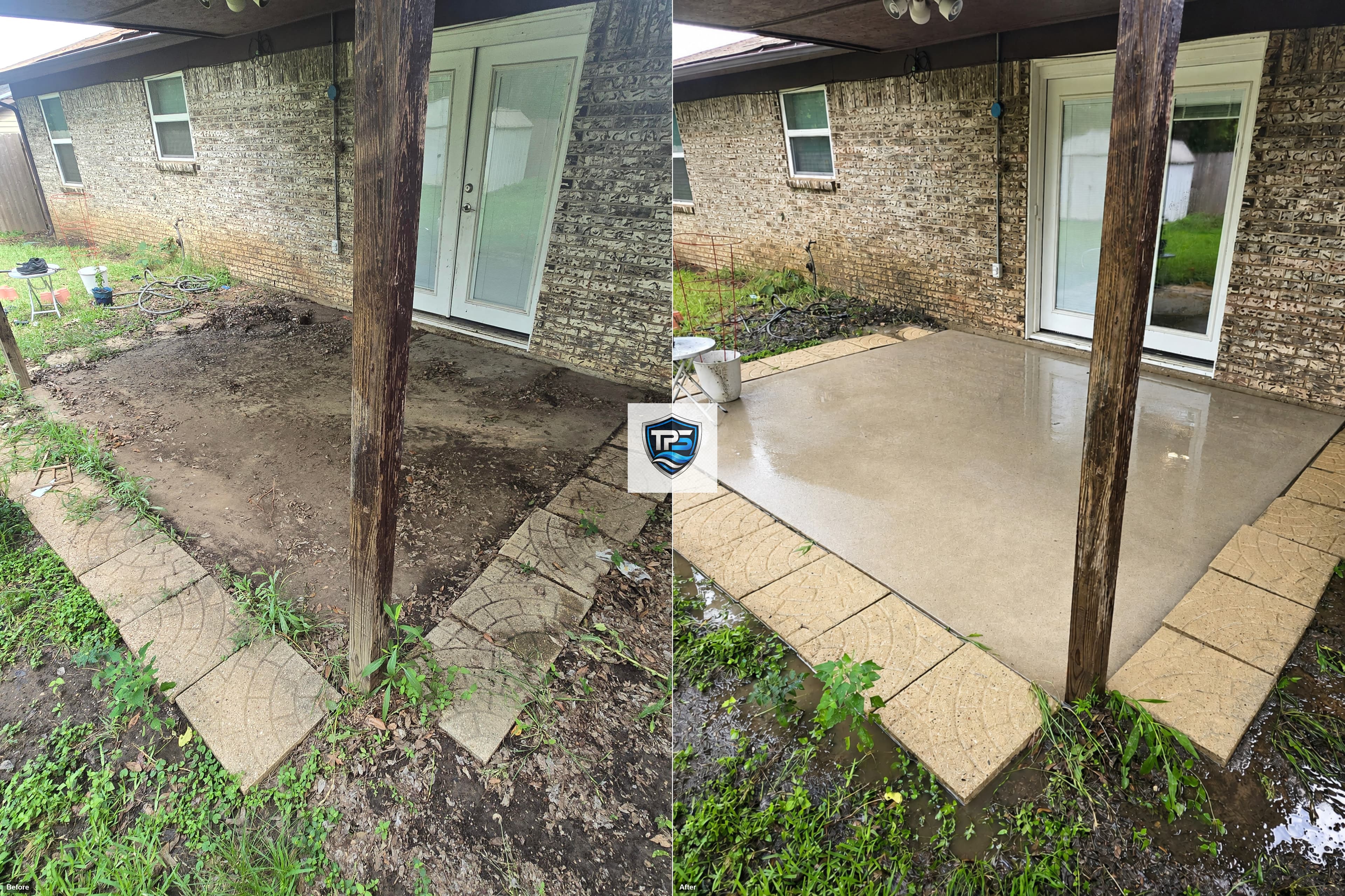 Before and after comparison of a muddy patio restored to a clean, pressure-washed concrete surface.