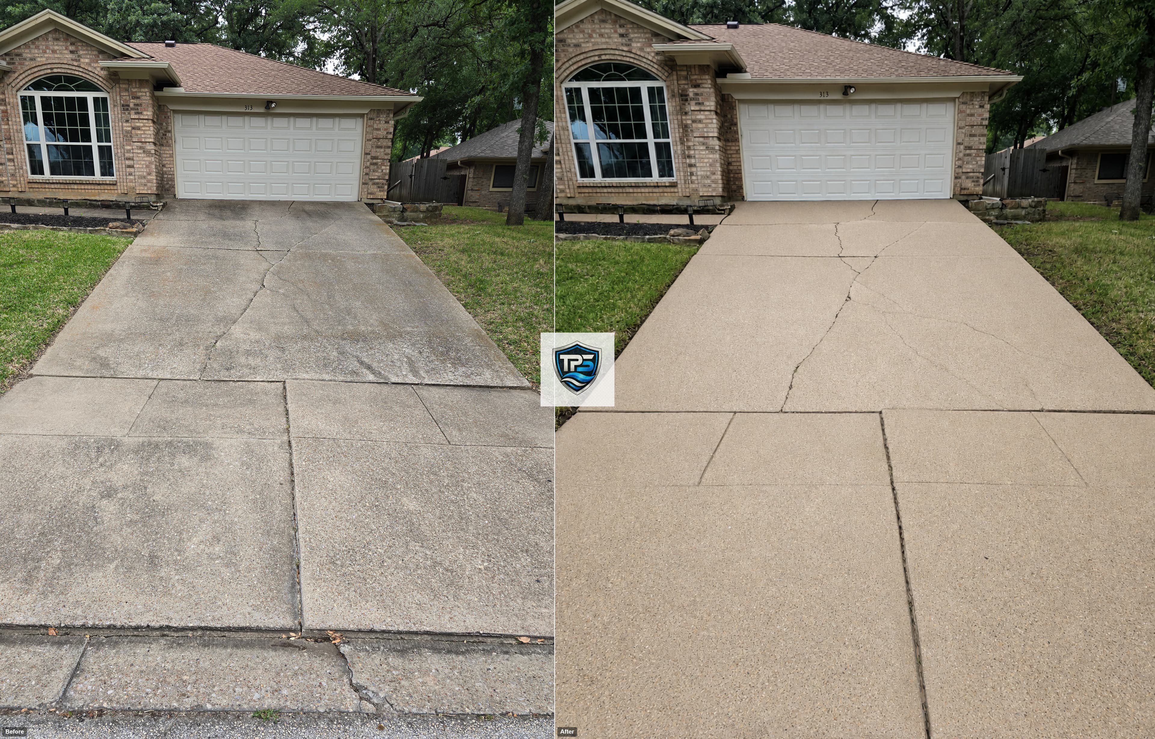 Before and after comparison showing a dirty concrete driveway transformed into a clean, tan surface.