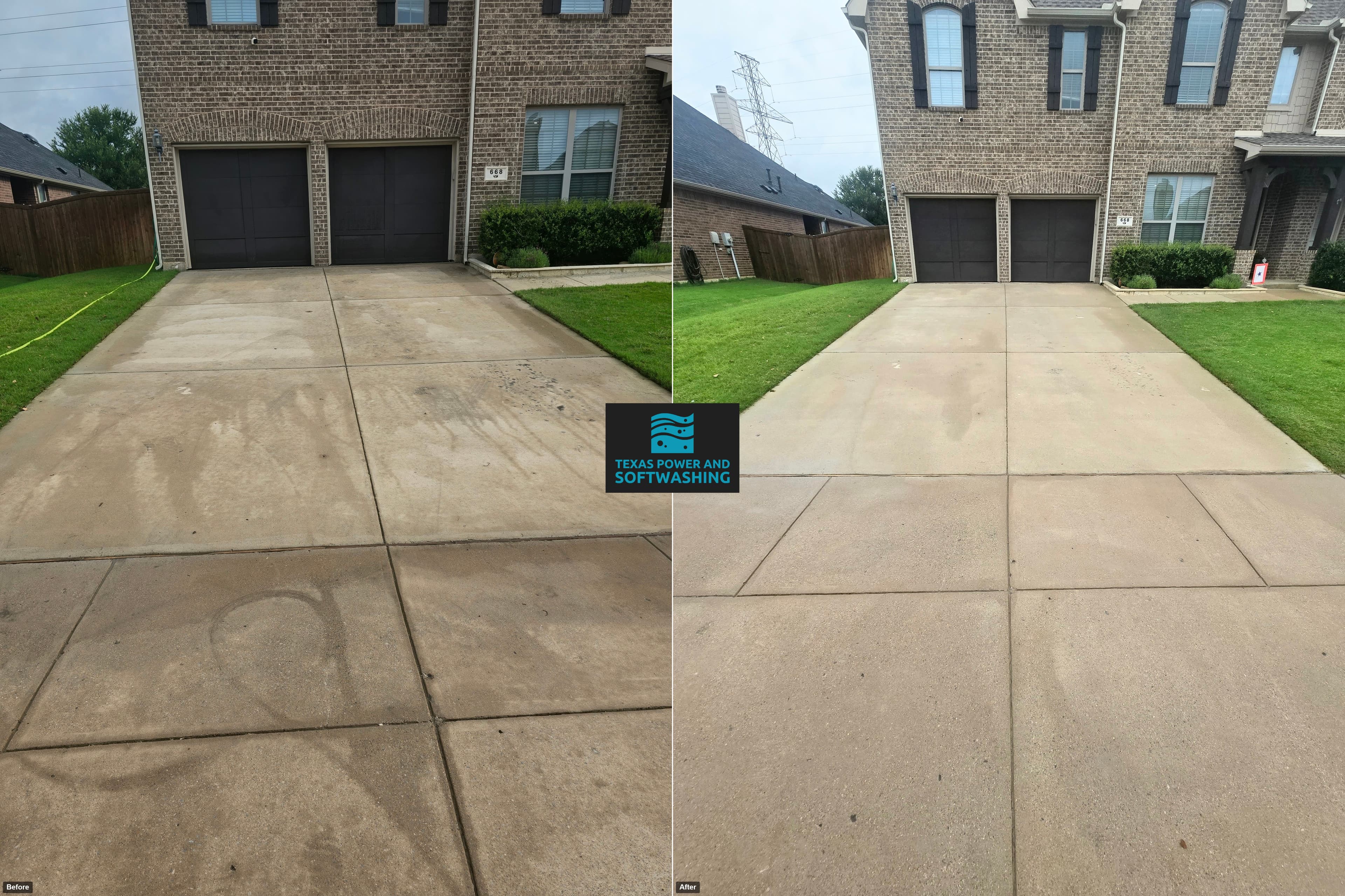 Split view showing a dirty concrete driveway before and after professional cleaning.