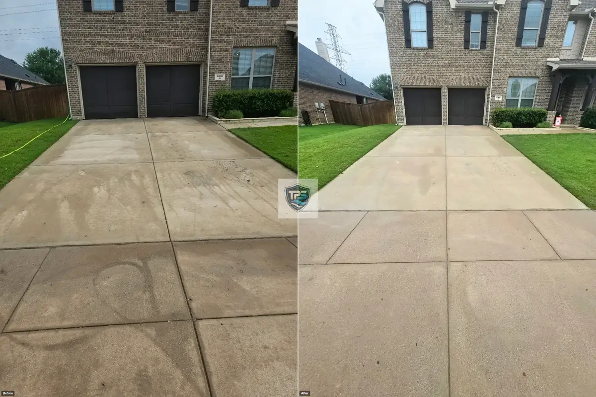 Side-by-side comparison of a stained concrete driveway before and after professional pressure washing.
